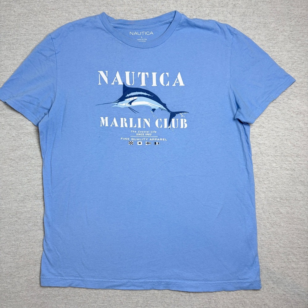 Nautica Mens Tshirt L Blue Marlin Club Graphic Fishing Coastal Short Sleeve